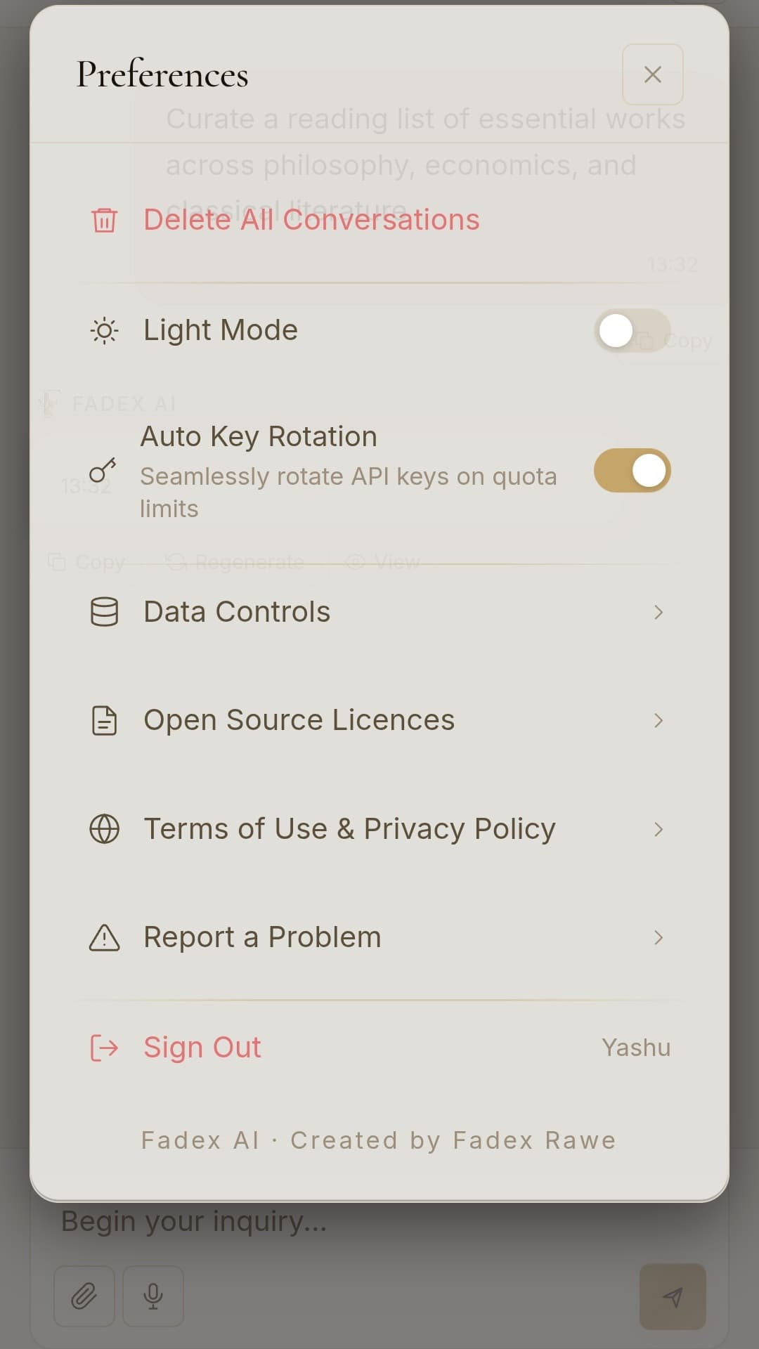 Mobile application interface screenshot of the Fadex AI project